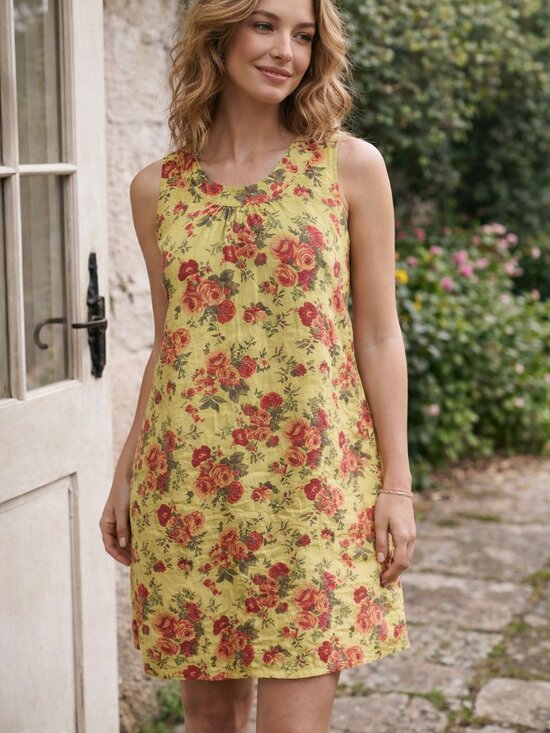 Flax Dresses & Skirts - FLAX 100% Linen Shift Dress Floral Yellow Sleeveless Women's Size P Petite